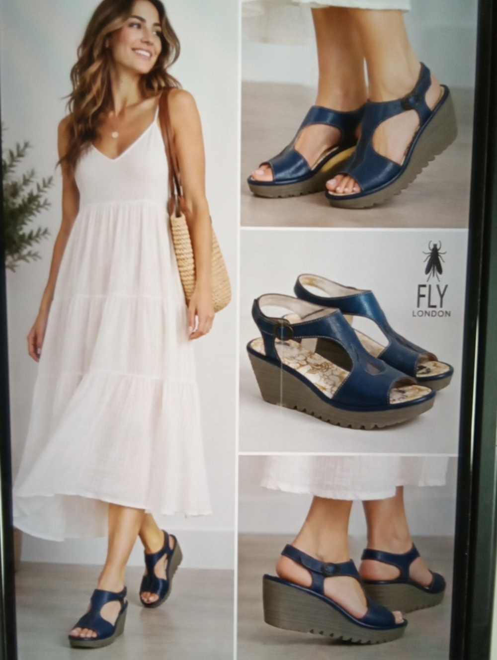 Fly London Yanca Navy Blue Strappy Slingback Wedge Sandal Open Toe Size 39